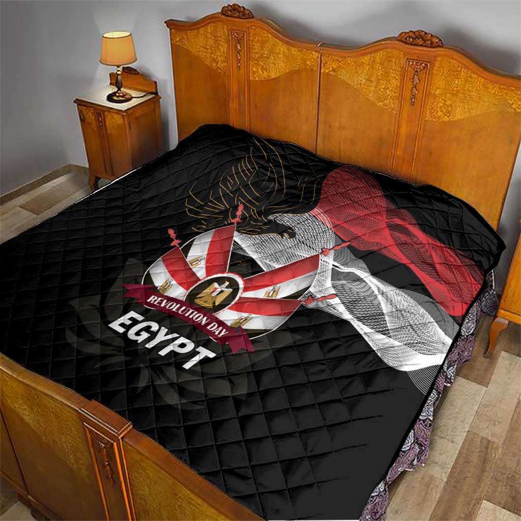 Black quilt blanket with diamond quilting, Egypt eagle flag design and 'EGYPT' text on bed