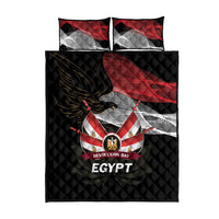Black quilt bed set with red and gray eagle emblem, Egypt print, two matching pillow covers