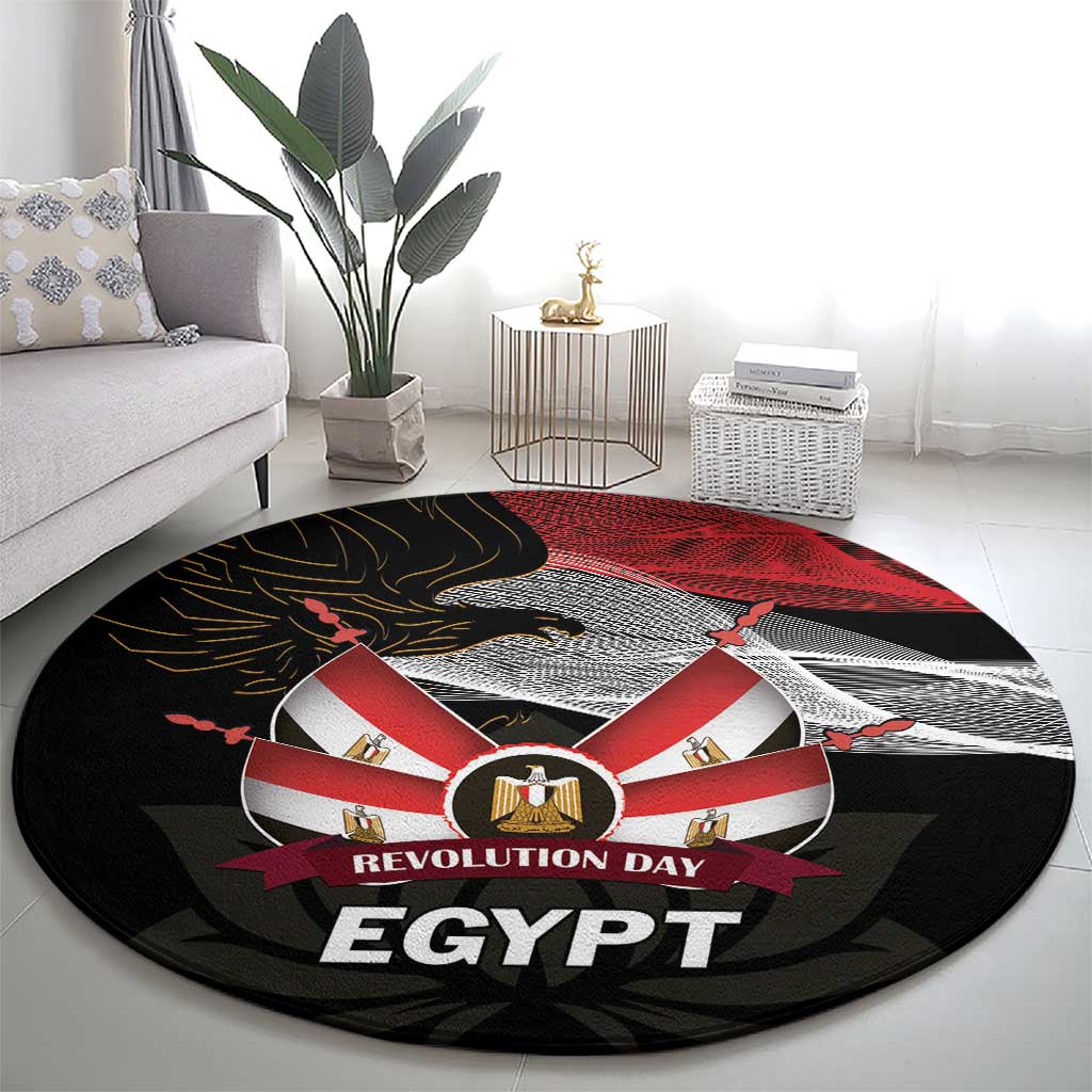 Round black carpet with central red-and-white crest, eagle motif, and 'REVOLUTION DAY EGYPT'