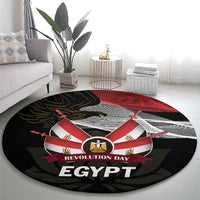 Round black carpet with central red-and-white crest, eagle motif, and 'REVOLUTION DAY EGYPT'