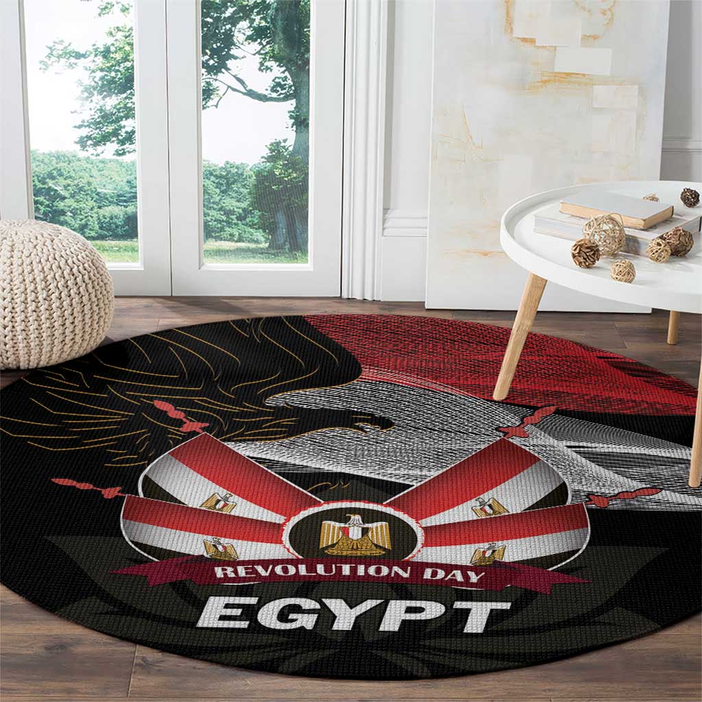 Round black carpet with red stripe, eagle art, and 'REVOLUTION DAY EGYPT' headline design