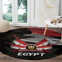 Round black carpet with red stripe, eagle art, and 'REVOLUTION DAY EGYPT' headline design