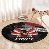 Round black carpet with red and white badge, eagle figure, and 'REVOLUTION DAY EGYPT' lettering