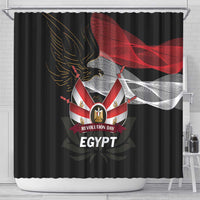 Black shower curtain with eagle emblem, red-and-white flag and Egypt text