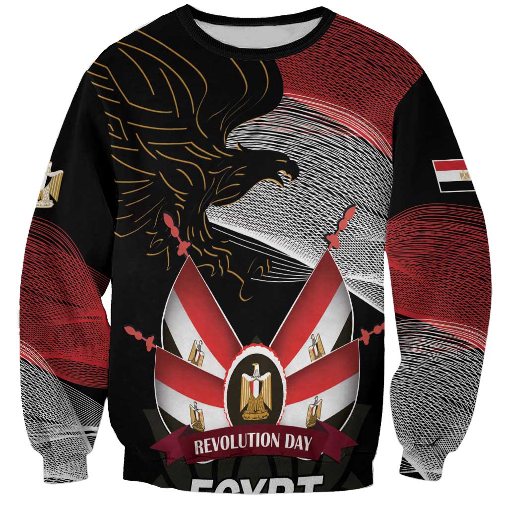 Black sweatshirt with Revolution Day and Egypt print, eagle and lotus graphic, long sleeves