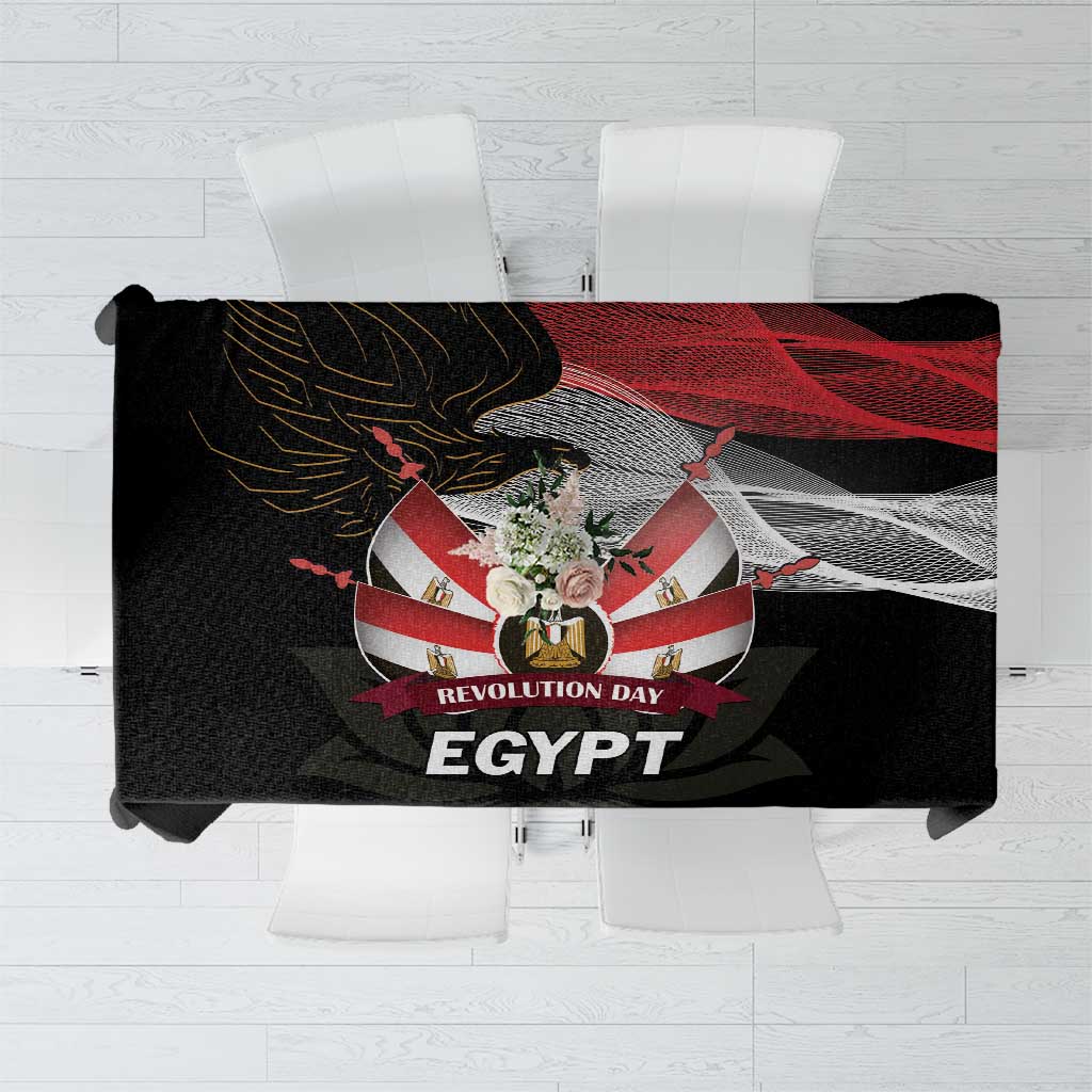 Black tablecloth with eagle, lotus, and "Revolution Day Egypt" central print