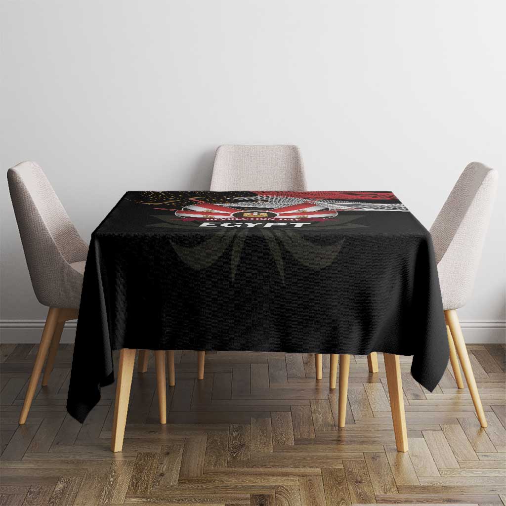 Black square tablecloth with red eagle crest and "EGYPT" text