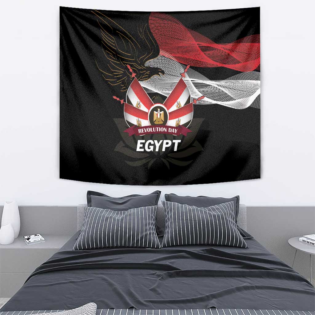 Black wall tapestry featuring eagle crest, lotus emblem, and “Revolution Day Egypt”