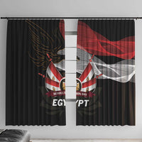 Black window curtain panels with Egyptian eagle and Revolution Day flag print