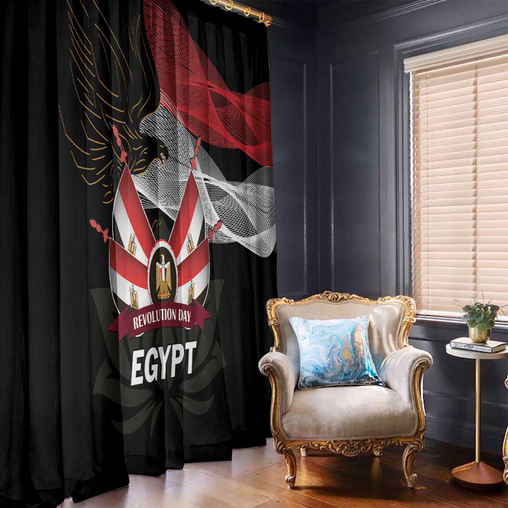 Black window curtain panels with large Egyptian flag and eagle graphic print
