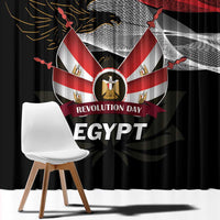 Black window curtain with Egyptian eagle and red-white flag graphic print