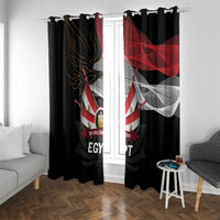 Black window curtain panels with Egyptian flag and eagle graphic print over glass