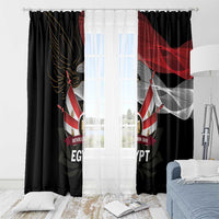 Black window curtain panels with Egyptian eagle and flag print near window