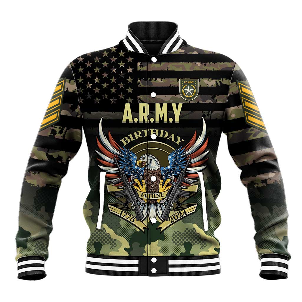 Black camo baseball jacket with striped collar, A.R.M.Y Birthday graphic, ribbed hem