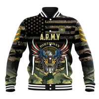 Black camo baseball jacket with striped collar, A.R.M.Y Birthday graphic, ribbed hem