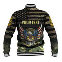 Black camo baseball jacket back with striped collar, YOUR TEXT, eagle wing graphic