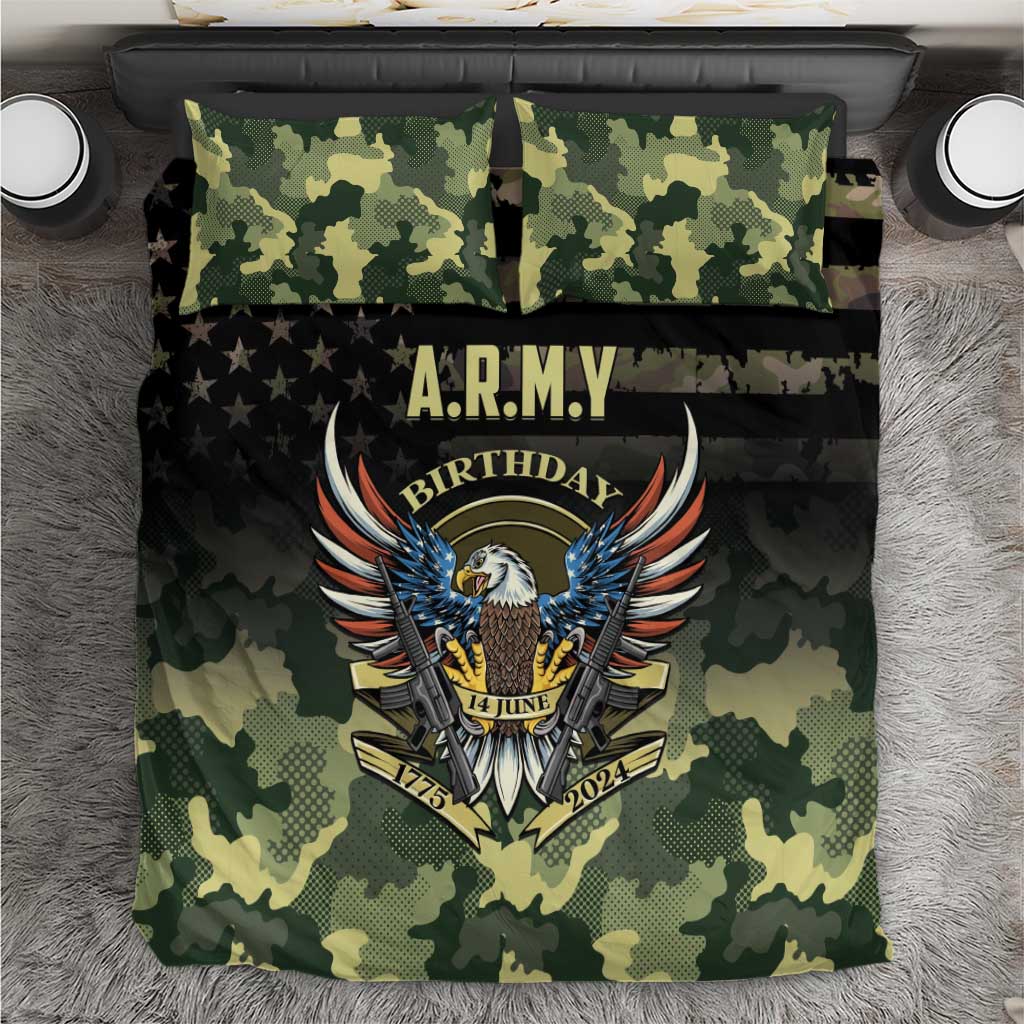 Camo bedding set with black band and A.R.M.Y Birthday eagle graphic; two matching pillowcases