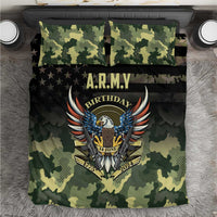 Camo bedding set with black band and A.R.M.Y Birthday eagle graphic; two matching pillowcases