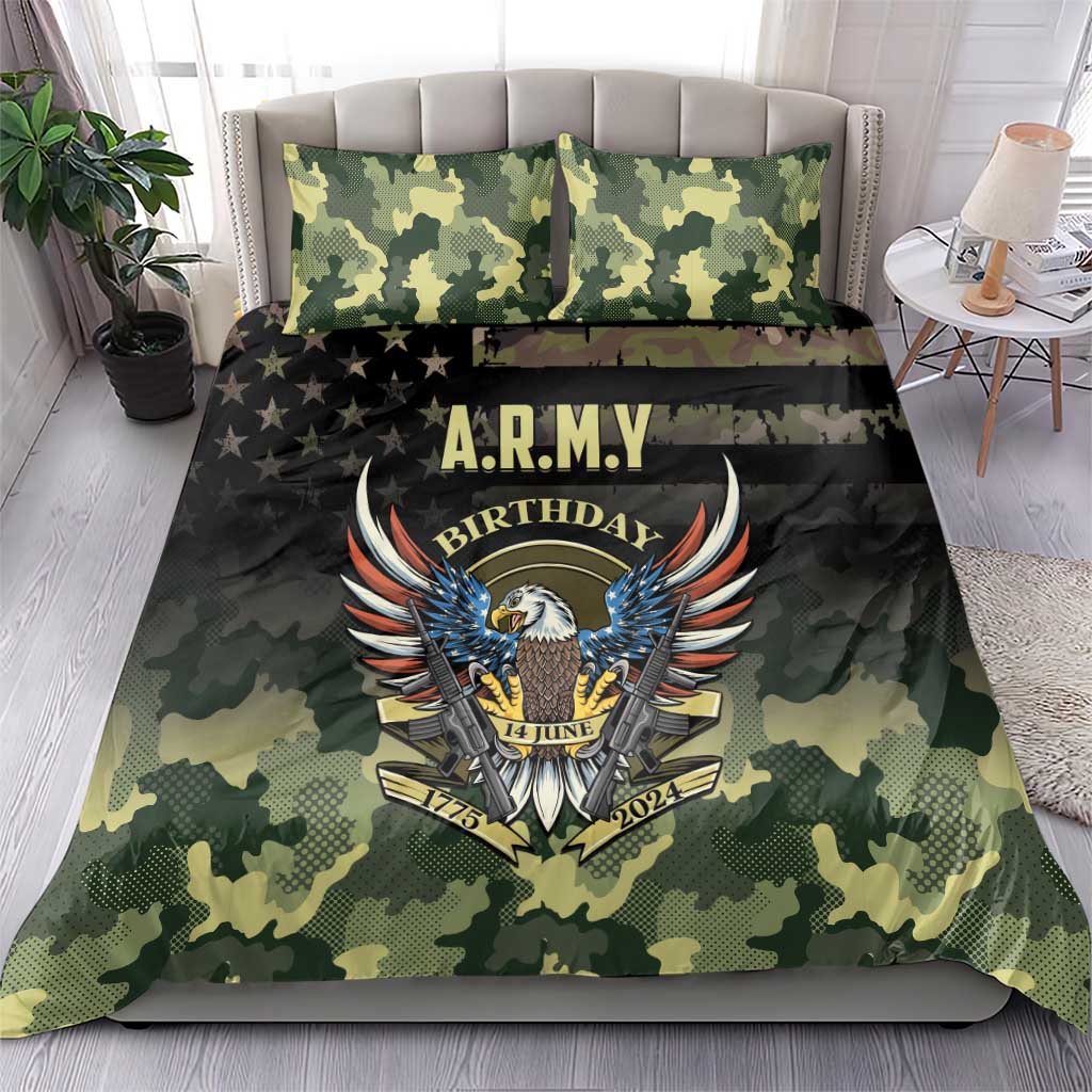 Camo bedding set with A.R.M.Y Birthday eagle emblem and two green pillowcases