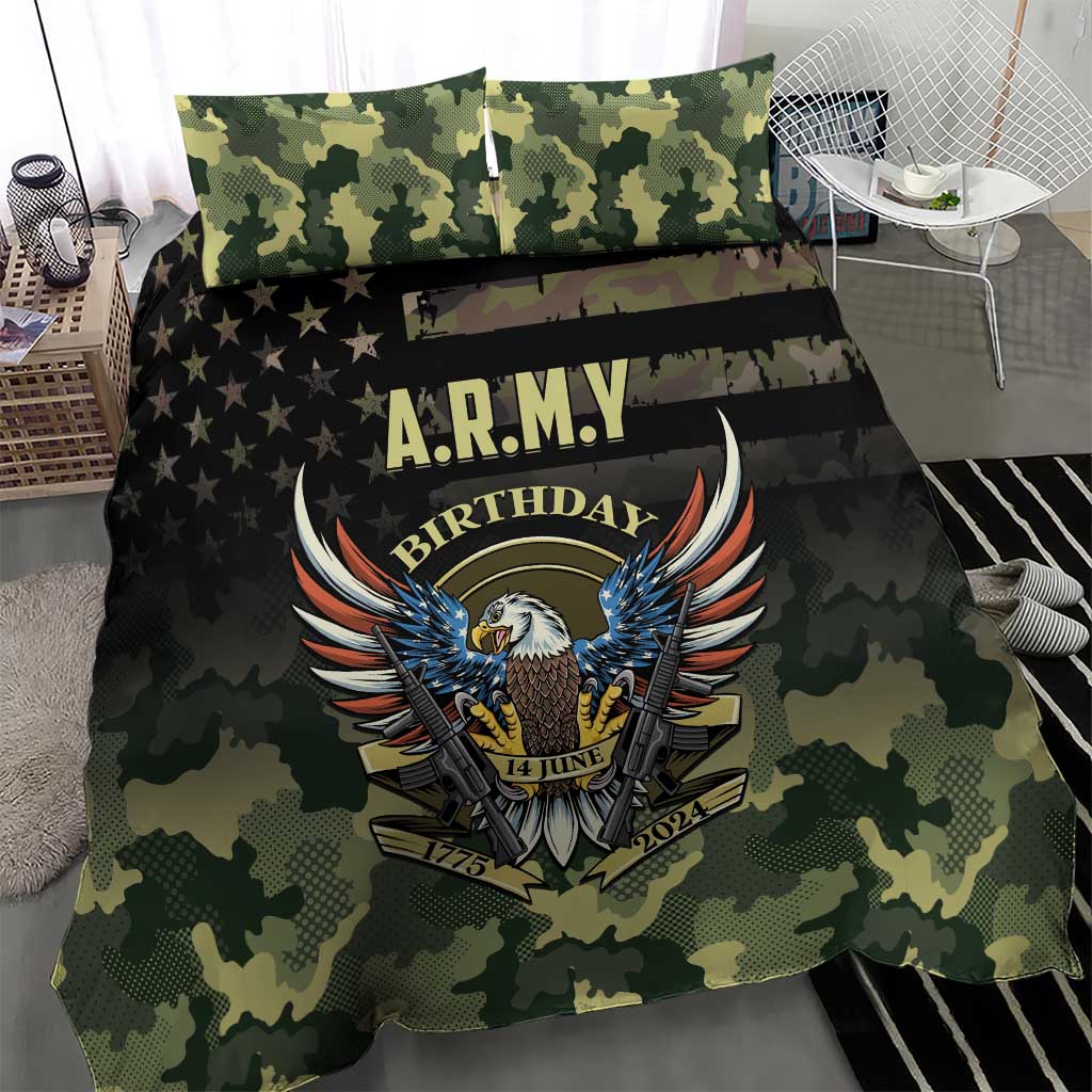 Camo bedding set with A.R.M.Y Birthday eagle crest on black camo stripe; two pillows