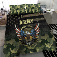 Camo bedding set with A.R.M.Y Birthday eagle crest on black camo stripe; two pillows