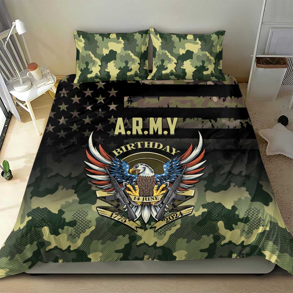 Camo bedding set with A.R.M.Y Birthday eagle graphic and two green pillowcases
