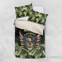 Camo bedding set with A.R.M.Y Birthday eagle graphic and two matching green pillowcases