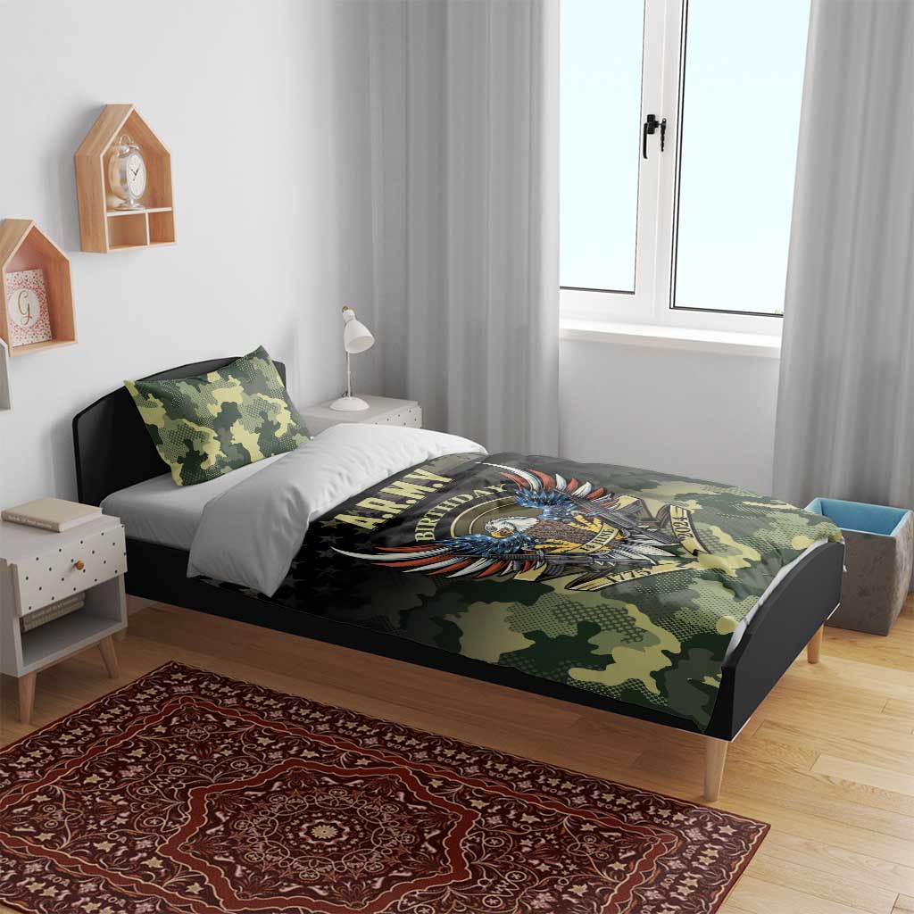 Camo bedding set with A.R.M.Y Birthday eagle artwork on black-and-green duvet; two pillows