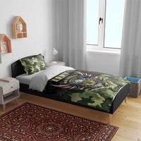 Camo bedding set with A.R.M.Y Birthday eagle artwork on black-and-green duvet; two pillows