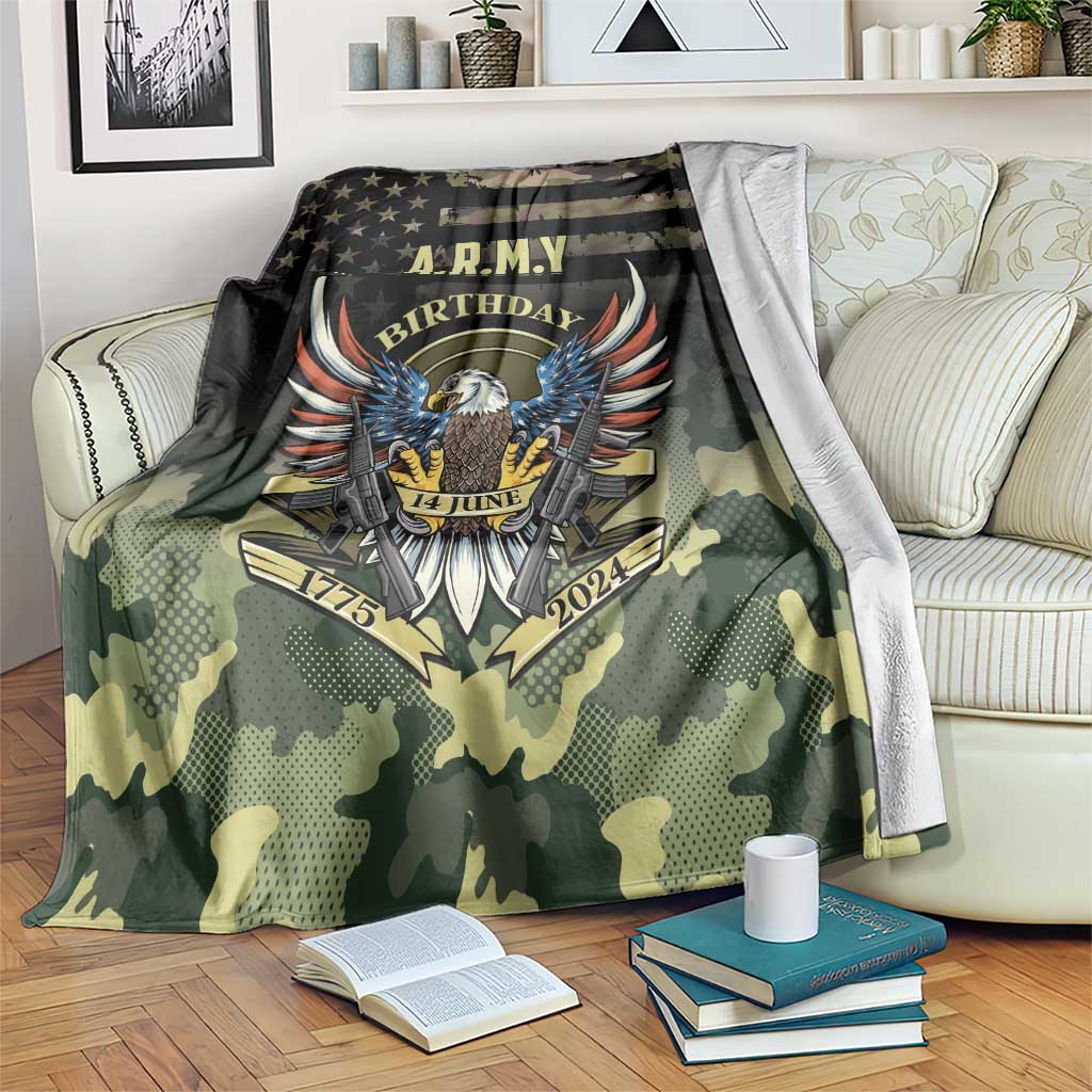 A.R.M.Y birthday camouflage throw blanket with eagle wings and bold emblem front
