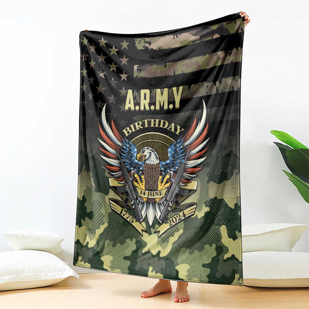 A.R.M.Y birthday camouflage blanket draped, showing eagle, wings, and A.R.M.Y text