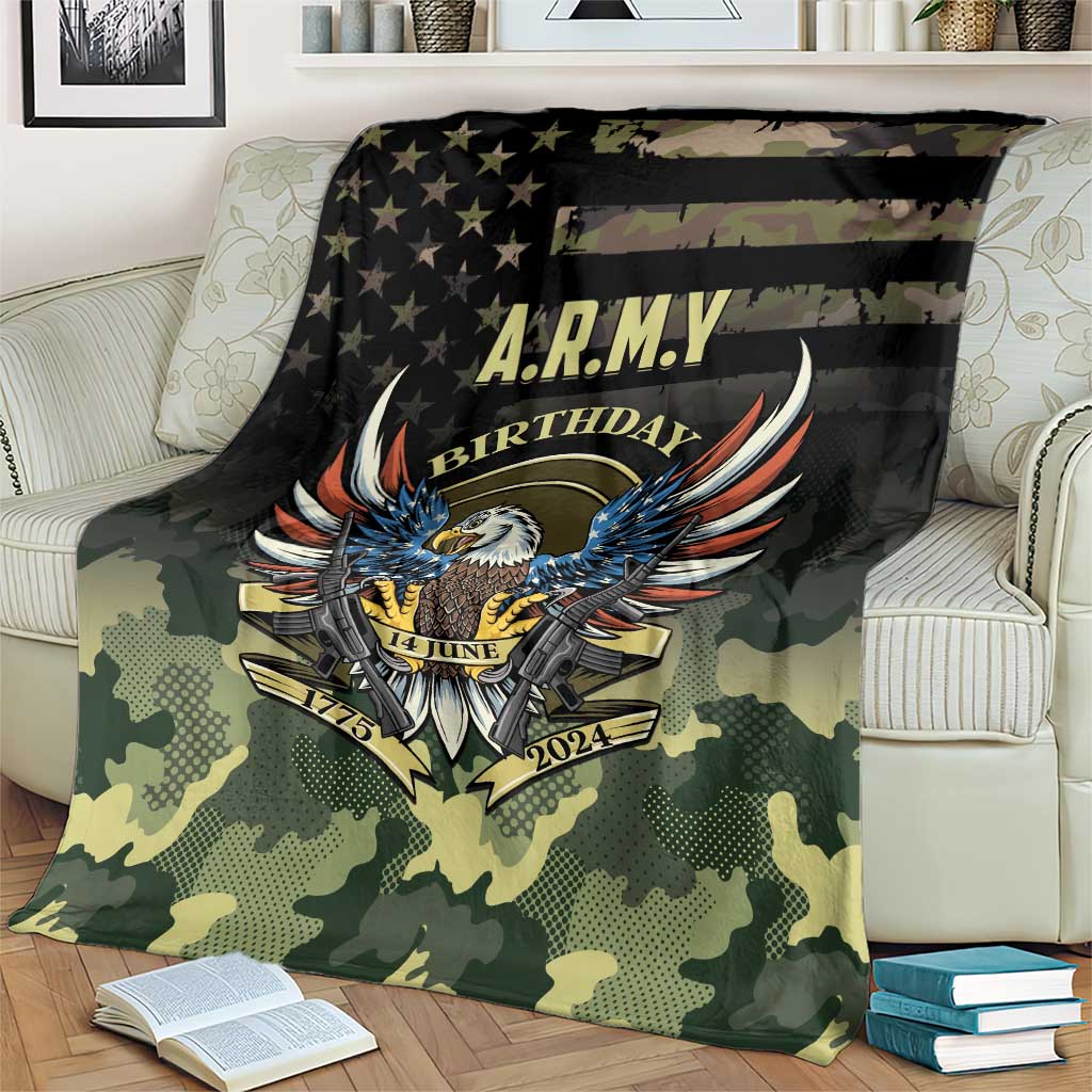 A.R.M.Y birthday camouflage blanket on couch, eagle emblem and star stripe print