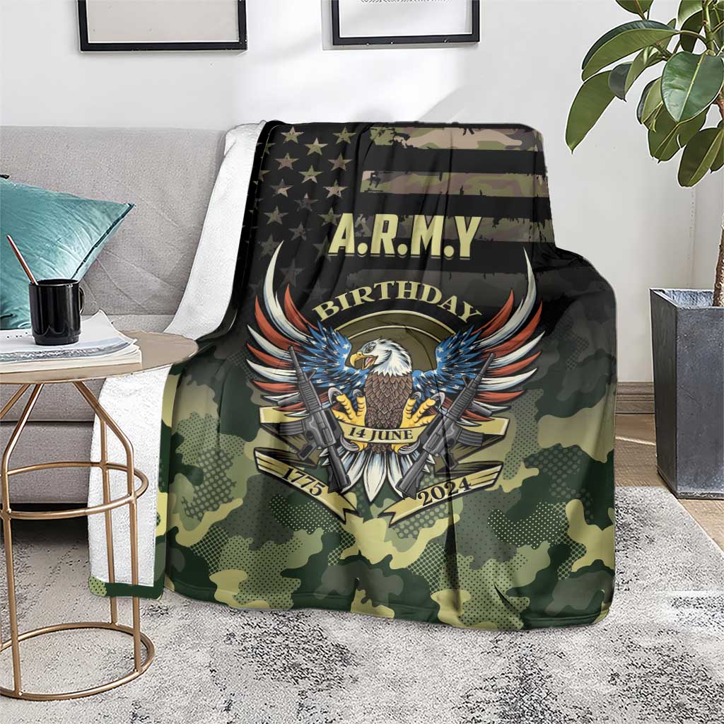 A.R.M.Y birthday camouflage blanket on floor with eagle logo and A.R.M.Y Birthday text