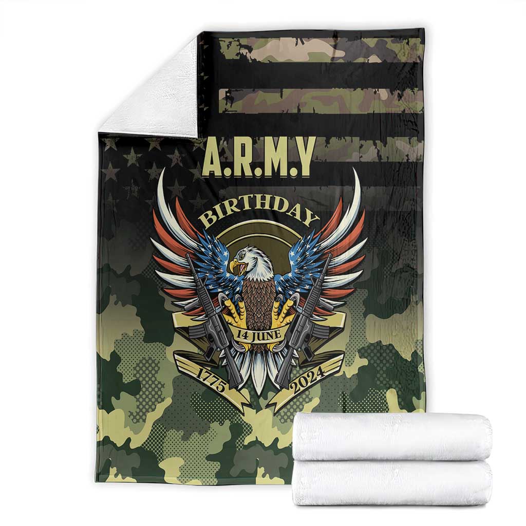 A.R.M.Y birthday camouflage blanket set with folded white rolls, eagle emblem center