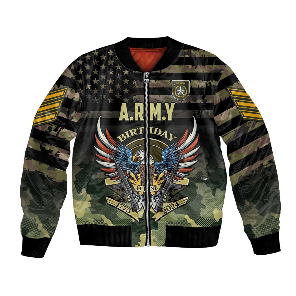 Unisex camo bomber jacket with front zipper, A.R.M.Y Birthday 2024 graphic