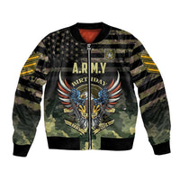 Unisex camo bomber jacket with front zipper, A.R.M.Y Birthday 2024 graphic
