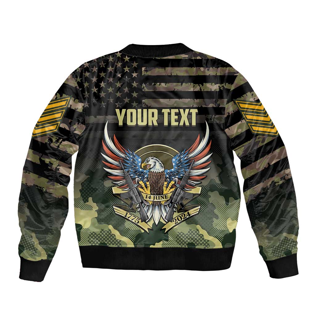 Unisex camo bomber jacket with back YOUR TEXT graphic and winged emblem