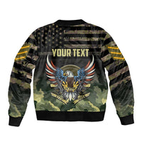 Unisex camo bomber jacket with back YOUR TEXT graphic and winged emblem