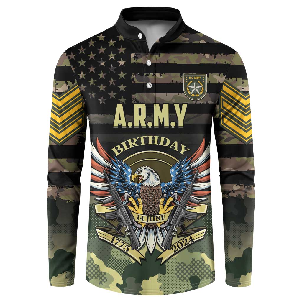 Camouflage button sweatshirt with A.R.M.Y birthday graphic and long sleeves