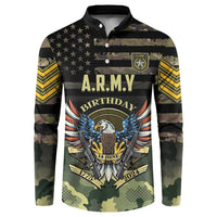 Camouflage button sweatshirt with A.R.M.Y birthday graphic and long sleeves