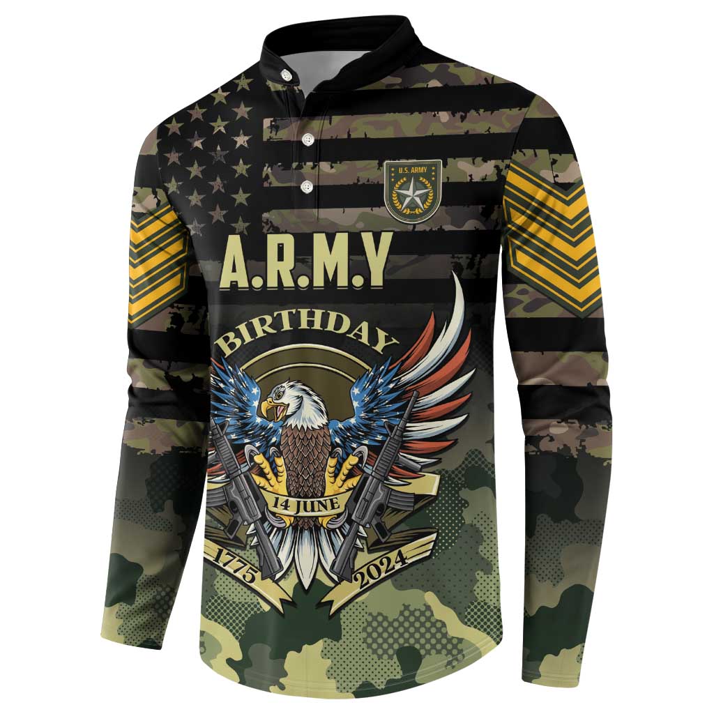 Camouflage button sweatshirt with A.R.M.Y Birthday emblem and long camo sleeves