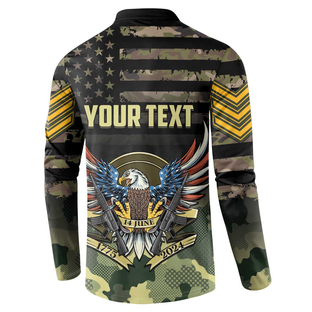 Camouflage button sweatshirt back with bold YOUR TEXT graphic and eagle emblem