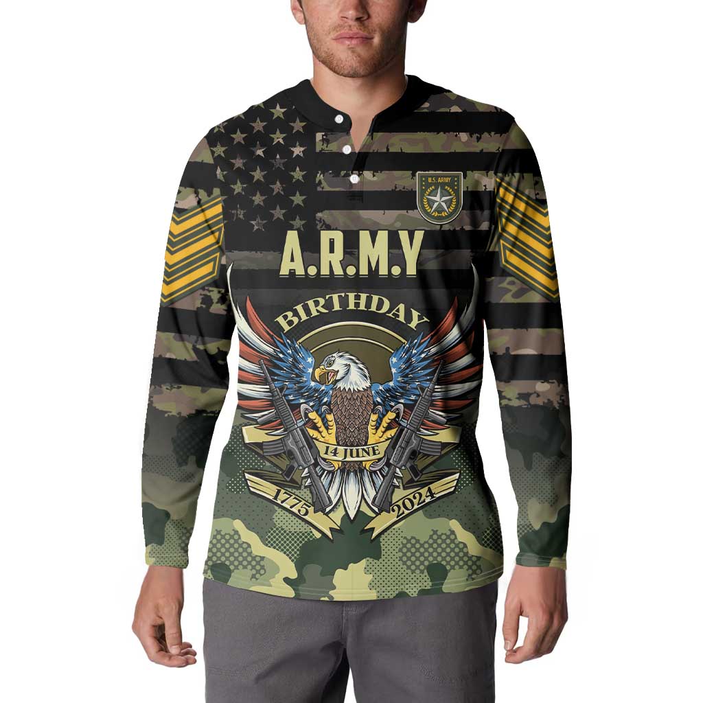 Camouflage button sweatshirt with A.R.M.Y Birthday crest graphic and button placket