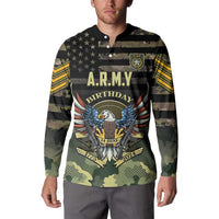 Camouflage button sweatshirt with A.R.M.Y Birthday crest graphic and button placket