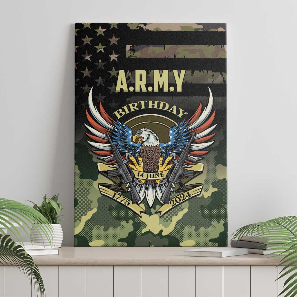 A.R.M.Y Birthday canvas wall art with winged eagle and camouflage background