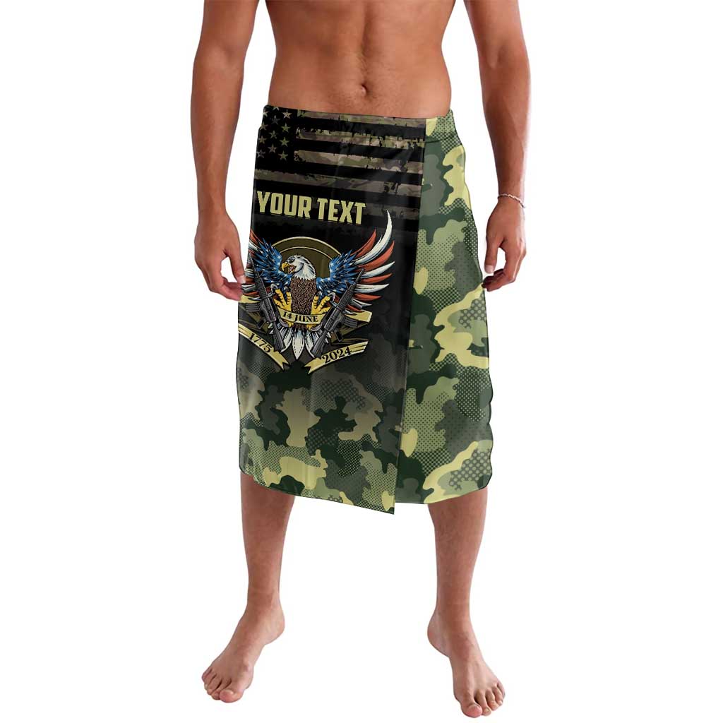 Personalized camo lavalava skirt with black waistband and eagle emblem, side view