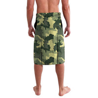 Personalized camo lavalava skirt with black waistband and front emblem panel