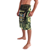 Personalized camo lavalava skirt with black waistband, 'YOUR TEXT', eagle print