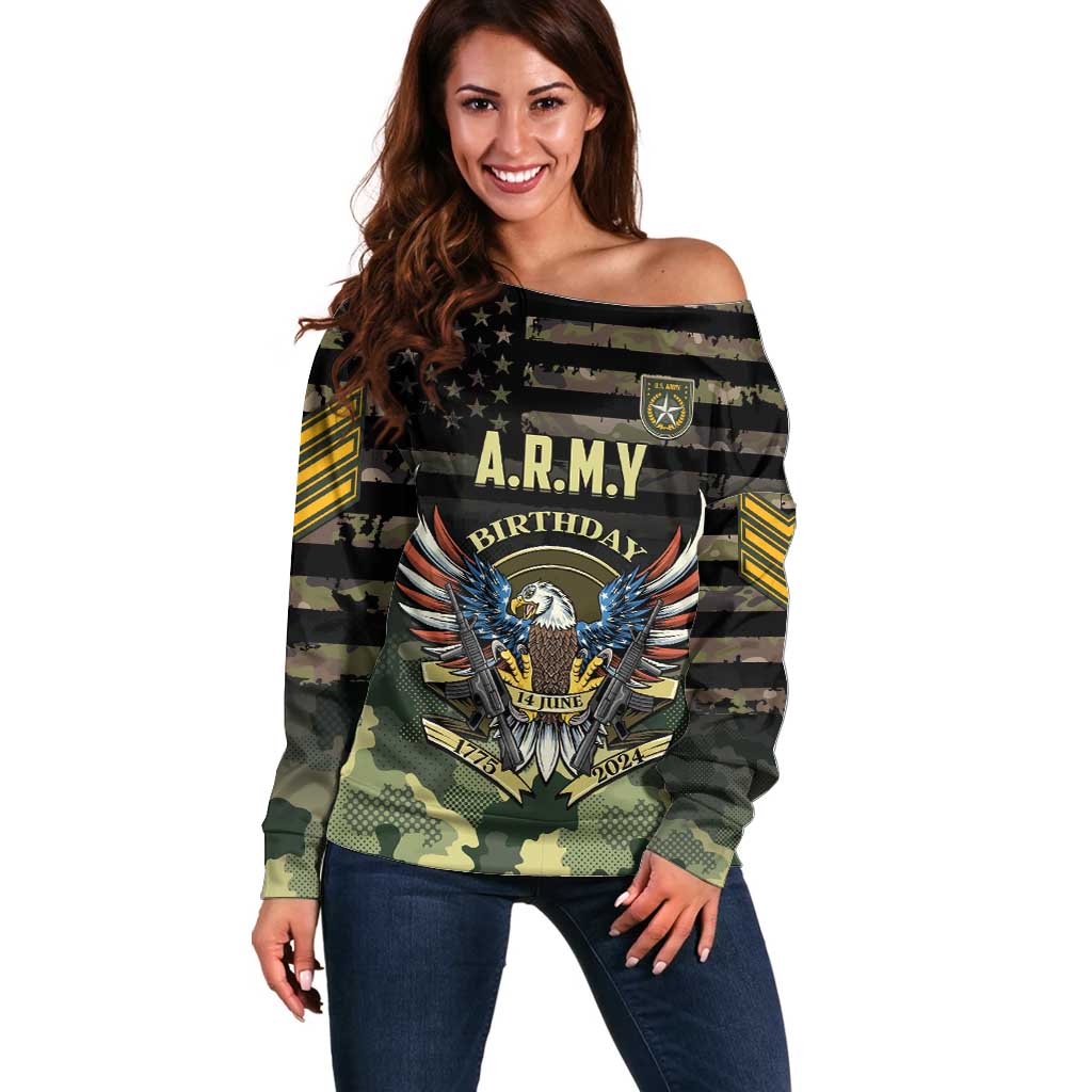 Personalized ARMY Birthday 2024 Off Shoulder Sweater US 249th Anniversary - Wonder Print Shop