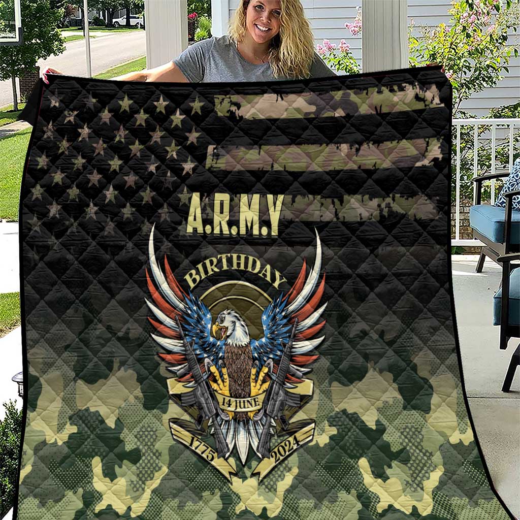 Black and green camouflage quilt with quilted diamond pattern and A.R.M.Y Birthday emblem